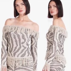 STAUD Pom Sweater in black cream Zebra with ivory fringe size medium